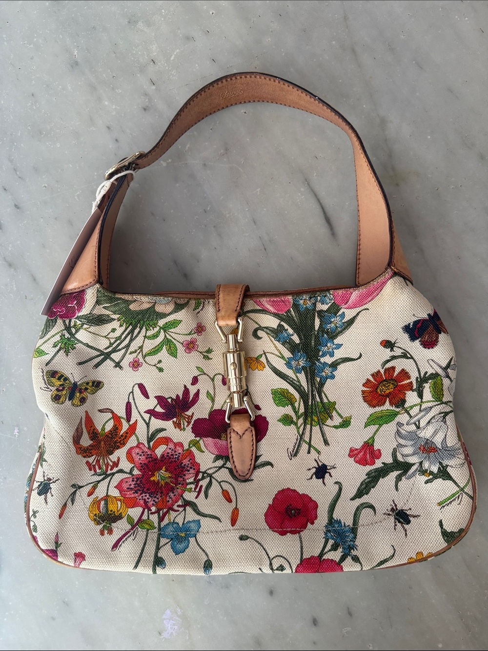 Vintage Gucci Floral Canvas Shoulder Bag with Tan Leather Trim